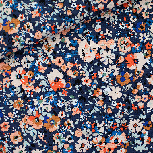 Flower Joy, Oceana Blue, Gabardine in tela di cotone