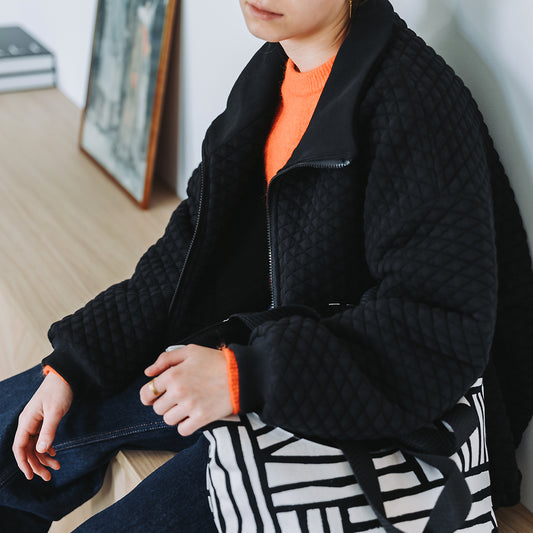 Quilted Piqué Knit, Black, Trapunta misto cotone