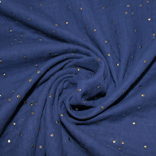 Doppia garza goffrata unito Blu Indigo - Pois dorati