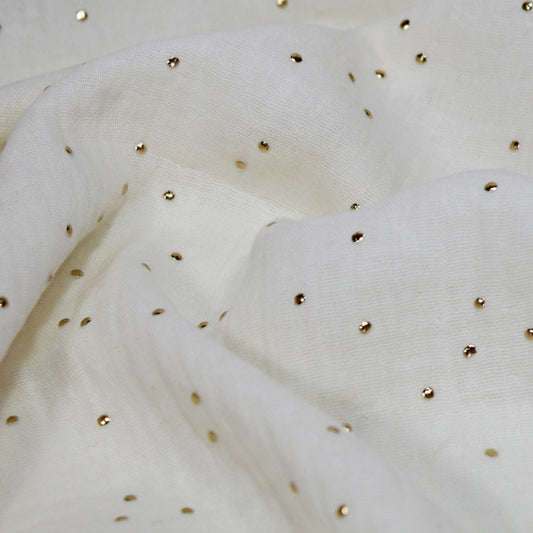 Double embossed gauze plain Ecru - Golden polka dots