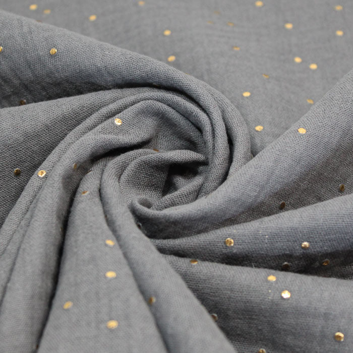 Double gaze gaufrée unie Gris - Pois dorés