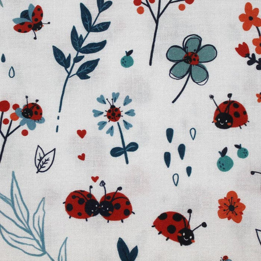 Fat quarter, Ladybug, bianco azzurrino, cretonne