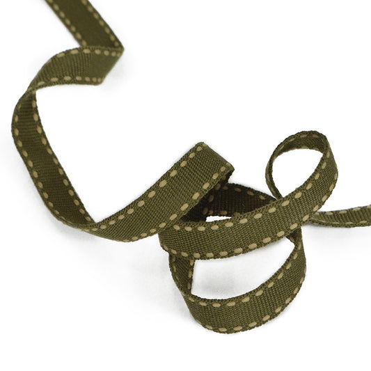 Khaki green grosgrain ribbon with topstitch