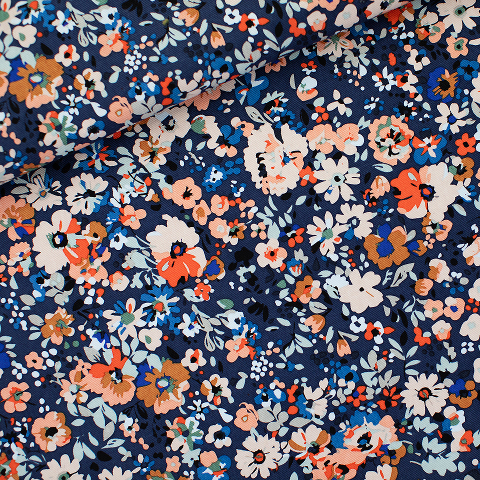 Flower Joy, Oceana Blue, Gabardine in tela di cotone