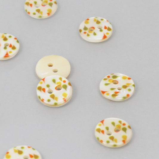 Bouton nacre, gouttes vertes, 11 mm